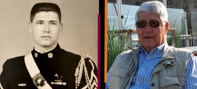 A composite photo of Bob Garst in his corps of cadet uniform in 1966 on left and civilian clothes present day on right