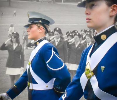 Composite image of current women cadets in dress uniform on the Drillfield in color overlaid on top of an image of the original L Squadron in black and white.