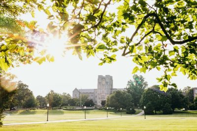 Burruss Hall viewed framed by leaves from across the Drillfield on a sunny summer day