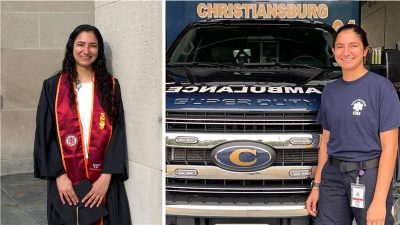 Side by side photos of Neena O'Mara in graduation gown and in front of an ambulance
