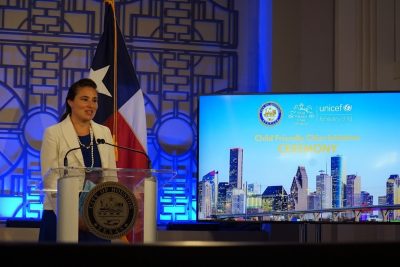 Olivera Jankovska speaking at UNICEF’s recognition of the City of Houston as the first U.S. child-friendly city ceremony in Houston, Texas. 