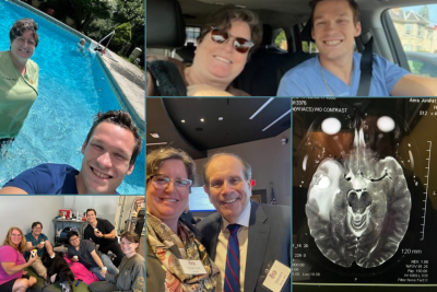 Multiple photos of Shannon Stannek. To the far left are two photos of Stannek with a DVM student in a pool and with a group of LVTs and students with a patient. At the bottom right is a photo of Shannon Stanek posing with a man and a brain scan of a tumor Stanek had. At the top right is a photo of Stanek (at left) with a DVM student (at right).