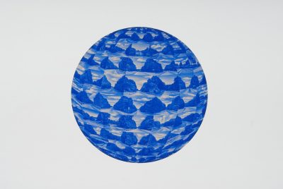 A painting by artist Namwon Choi features a sphere sitting within a white space. The sphere is filled with a grid-like blue and white repeating pattern.